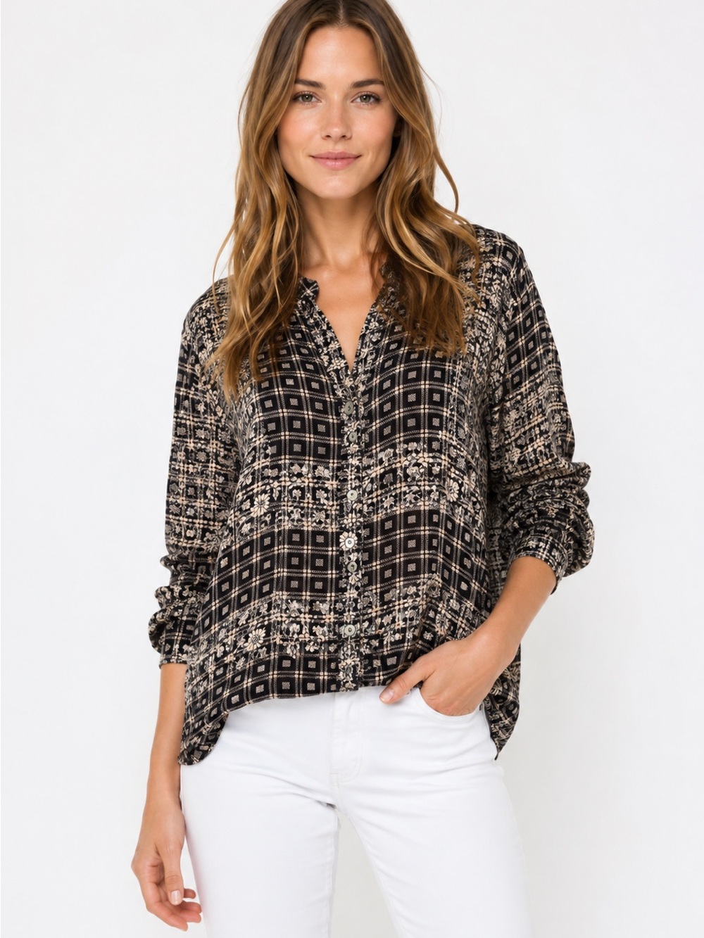 Free People Boho Patchwork Floral Rayon Button Down Top (Med)